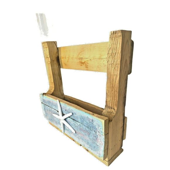 STARFISH Hand Painted Rustic BEACH Planter Box Reclaimed Wood Stand Shelf Bin - Picture 8 of 12